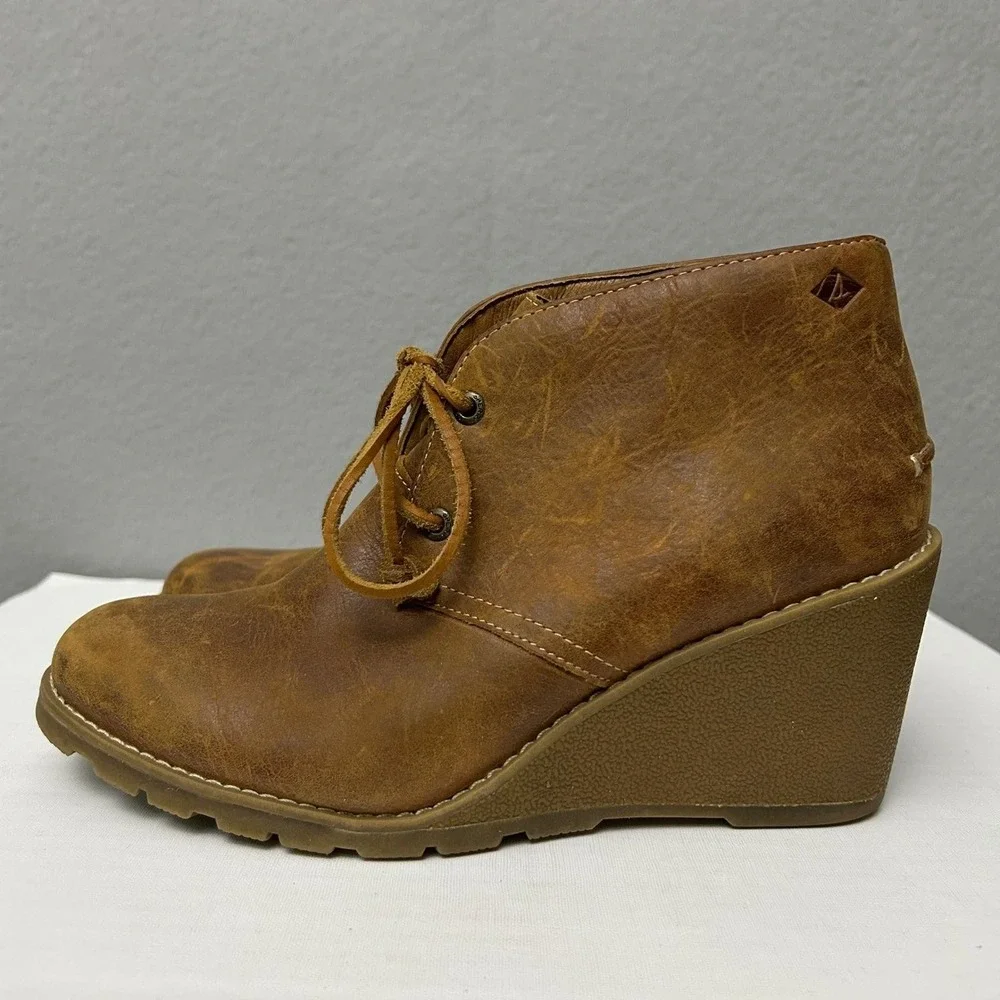 Sperry Leather Wedge Harlow Bootie Women's 8 Cognac Dressy Casual Boho Earthy